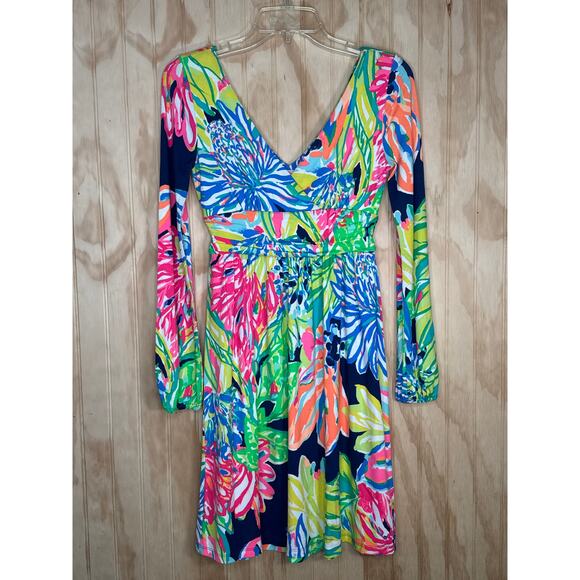 Lilly Pulitzer Fleur Dress XS Travelers Palm V-Neck Long Sleeve Fit and Flare - Picture 2 of 8